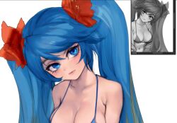 Rule 34 | 1girl, bikini, blue bikini, blue eyes, breasts, cleavage, collarbone, flower, green hair, hair flower, hair ornament, large breasts, league of legends, looking at viewer, multicolored hair, multiple views, navel, phantom ix row, red flower, shiny skin, simple background, sona (league of legends), swimsuit, twintails, two-tone hair, upper body, white background