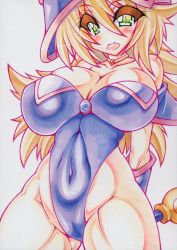 Rule 34 | 1girl, adapted costume, bare legs, bare shoulders, blonde hair, blue dress, blush stickers, boots, breasts, cameltoe, cowboy shot, curvy, dark magician girl, dress, duel monster, green eyes, hat, highleg, highleg leotard, leotard, long hair, magical girl, off shoulder, shiny clothes, shiny skin, simple background, skin tight, solo, standing, thong leotard, traditional media, wizard hat, yu-gi-oh!, yutakasan-love