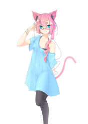 Rule 34 | 1girl, absurdres, animal ears, black bra, black pantyhose, blue eyes, blue shirt, bra, breasts, cat ears, cat girl, cat tail, drill hair, earphones, earphones on animal ears, fang, foot out of frame, hair ornament, hair over shoulder, hairclip, highres, kearful, long shirt, looking at viewer, loose clothes, loose shirt, multiple bracelets, off shoulder, original, pantyhose, pink-framed eyewear, pink hair, product placement, semi-rimless eyewear, shirt, short hair with long locks, side drill, simple background, small breasts, sony, standing, standing on one leg, tail, underwear, white background