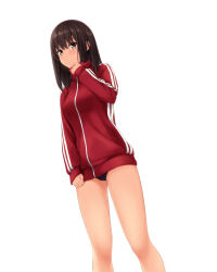 Rule 34 | 1girl, bare legs, black buruma, blush, breasts, brown hair, buruma, closed mouth, commentary request, feet out of frame, hand up, highres, jacket, legs, long hair, long sleeves, nonaka ritsu, original, puffy long sleeves, puffy sleeves, red jacket, simple background, sleeves past wrists, small breasts, solo, standing, track jacket, white background, yellow eyes