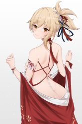 Rule 34 | 1girl, absurdres, alternate costume, arm tattoo, ass, asymmetrical hair, azur lane, back, between buttocks, blonde hair, blush, bracelet, breasts, butt crack, butterfly hair ornament, choker, closed mouth, clothes down, clothes pull, dress, dress pull, feint721, genshin impact, glorious (azur lane), glorious (pungent plum) (azur lane), hair ornament, hair ribbon, hands up, highres, jewelry, looking at viewer, looking back, medium breasts, orange eyes, ponytail, red choker, red dress, ribbon, sidelocks, simple background, smile, solo, tassel, tassel hair ornament, tattoo, white background, yoimiya (genshin impact)