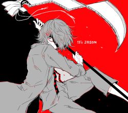 1boy awara_kayu black_background blood feet_out_of_frame from_side grey_jacket hair_ornament hairclip hand_up holding holding_scythe jacket male_focus pants red_background scythe short_hair solo stitches suspenders suzuya_juuzou tokyo_ghoul tokyo_ghoul:re weapon x_hair_ornament