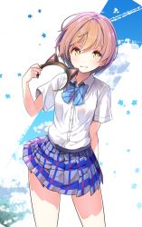 Rule 34 | 1girl, animal ears, blue bow, blue bowtie, blue skirt, blue sky, bow, bowtie, brown eyes, brown hair, brown hairband, cloud, cloudy sky, collared shirt, commentary request, dated, day, diagonal-striped bow, diagonal-striped bowtie, diagonal-striped clothes, diagonal-striped neckwear, dress shirt, fake animal ears, grin, hair between eyes, hairband, hand up, highres, holding, hoshizora rin, looking at viewer, love live!, love live! school idol project, parted lips, plaid, plaid skirt, pleated skirt, shipii (jigglypuff), shirt, shirt tucked in, short sleeves, skirt, sky, smile, solo, striped bow, striped bowtie, striped clothes, striped neckwear, unworn hairband, white shirt