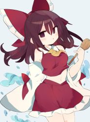 Rule 34 | 1girl, 76gpo, ascot, bow, brown eyes, brown hair, cowboy shot, detached sleeves, hair between eyes, hair bow, hakurei reimu, hishaku, holding, looking at viewer, medium hair, nontraditional miko, red bow, red shirt, red skirt, shirt, simple background, skirt, solo, standing, touhou, water, wide sleeves, yellow ascot