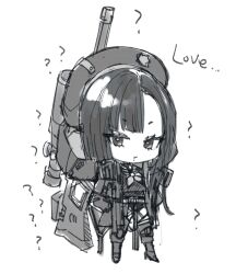 Rule 34 | 1girl, ?, asymmetrical bangs, beret, chibi, eunhwa (nikke), forehead, fummy, goddess of victory: nikke, greyscale, hat, long hair, looking at viewer, monochrome, neckerchief, solo, weapon, weapon on back