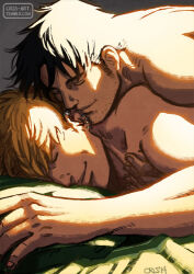 Rule 34 | 2boys, bad id, bad tumblr id, bara, black hair, blonde hair, completely nude, contemporary, couple, cris art, facial hair, hand on another&#039;s chest, happy, hulkling, long sideburns, lying, male focus, marvel, mature male, multiple boys, muscular, muscular male, nude, on bed, on stomach, short hair, sideburns, sleeping, sleeping on person, smile, stubble, sunlight, wiccan, yaoi