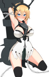 armpits blonde_hair blue_eyes blush breasts cannon chain chained cosmic_break dress ear_piercing embarrassed hair_between_eyes headpiece highres itntn kneeling large_breasts looking_at_viewer piercing scowl shivatris short_dress short_hair sweatdrop thighhighs torn_clothes white_dress