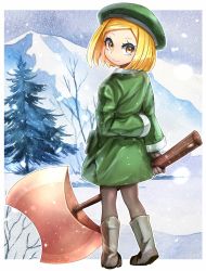 Rule 34 | 1girl, axe, blonde hair, coat, commentary request, fate/grand order, fate (series), gloves, green hat, hat, highres, long sleeves, mountain, pantyhose, paul bunyan (fate), smile, snow, snowing, solo, weapon, yellow eyes, zassounabe