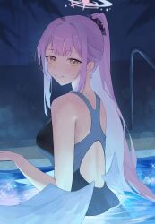 Rule 34 | 1girl, absurdres, angel wings, black one-piece swimsuit, blue archive, blush, closed mouth, halo, highres, long hair, mika (blue archive), one-piece swimsuit, partially submerged, pink hair, pink halo, ponytail, pool, randouworks, smile, solo, swimsuit, upper body, water, white wings, wings, yellow eyes