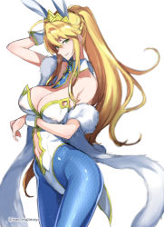 Rule 34 | 1girl, absurdres, ahoge, animal ears, artoria pendragon (all), artoria pendragon (fate), artoria pendragon (swimsuit ruler) (fate), bare shoulders, blonde hair, blue pantyhose, breasts, cleavage, crown, detached collar, fake animal ears, fate/grand order, fate (series), fishnet pantyhose, fishnets, green eyes, highres, isao, large breasts, leotard, long hair, looking at viewer, navel, necktie, pantyhose, playboy bunny, ponytail, rabbit ears, simple background, smile, solo, white background, wrist cuffs