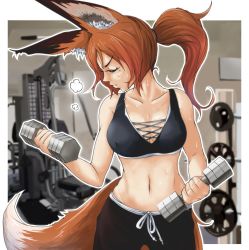 Rule 34 | 1girl, animal ears, bare shoulders, blurry, blurry background, blush, breasts, brown hair, collarbone, commentary request, cowboy shot, depth of field, doitsuken, dumbbell, exercising, closed eyes, fox ears, fox girl, fox tail, gym, gym shorts, heavy breathing, highres, indoors, large breasts, long hair, midriff, mole, mole under eye, monster girl, navel, original, outside border, parted lips, ponytail, profile, shorts, solo, sports bra, sportswear, standing, sweat, tail, weightlifting