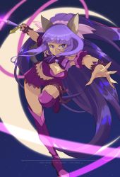 Rule 34 | 1girl, animal ears, blue eyes, blunt bangs, boots, bow, bridal garter, crescent moon, detached sleeves, fujiwara zakuro, highres, holding, holding weapon, knee boots, long hair, magical girl, moon, pink ribbon, puffy detached sleeves, puffy sleeves, purple bow, purple footwear, purple hair, ribbon, solo, startboii, tail, tokyo mew mew, very long hair, weapon, wolf ears, wolf girl, wolf tail