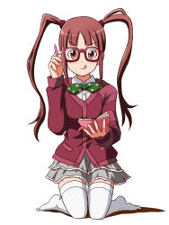 Rule 34 | 10s, 1girl, :p, adjusting eyewear, blunt bangs, book, brown eyes, brown hair, cardigan, commentary request, dress shirt, full body, glasses, green ribbon, grey skirt, hair tie, holding, holding book, idolmaster, idolmaster million live!, kneeling, lace, lace-trimmed skirt, lace trim, layered skirt, lielos, long hair, long sleeves, matsuda arisa, pencil, purple sweater, red-framed eyewear, ribbon, shirt, simple background, skirt, smile, solo, sweater, thighhighs, tongue, tongue out, twintails, white background, white shirt, white thighhighs