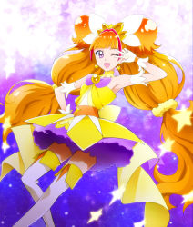 Rule 34 | 1girl, amanogawa kirara, bare shoulders, blush, boots, cure twinkle, detached sleeves, earrings, eyelashes, gloves, go! princess precure, happy, jewelry, kakiuchi itsuki, long hair, looking at viewer, low-tied long hair, magical girl, multicolored hair, one eye closed, open mouth, orange hair, petticoat, precure, purple eyes, quad tails, red hair, skirt, smile, solo, standing, star (symbol), star earrings, streaked hair, thigh boots, thighhighs, twintails, two-tone hair, very long hair, white footwear, white thighhighs, yellow skirt, zettai ryouiki