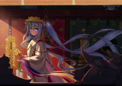 Rule 34 | 1girl, absurdres, bell, blue eyes, blue hair, blue ribbon, closed mouth, commentary request, floating hair, from side, green ribbon, hair ornament, hakama, hakama skirt, hatsune miku, headgear, highres, holding, holding instrument, instrument, japanese clothes, jingle bell, kagura suzu, kin toki, lantern, long hair, long sleeves, looking at viewer, looking to the side, miko, pink ribbon, red hakama, red ribbon, ribbon, shade, skirt, smile, solo, twintails, very long hair, vocaloid, wide sleeves, yellow ribbon
