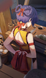 Rule 34 | 1girl, apron, arm strap, arms behind back, back, back cutout, back focus, backless outfit, baozi, blue hair, blurry, bow, bowl, braid, braided hair rings, chopsticks, clothing cutout, cooking, counter, cutting board, depth of field, facing away, food, frills, from above, from behind, genshin impact, guoba (genshin impact), hair rings, highres, holding, holding plate, kitchen, kitchen knife, leviathan (hikinito0902), nape, onion, paw print, pepper shaker, plate, red apron, red bow, salt shaker, sauce, shirt, short hair, short shorts, shorts, sleeveless, sleeveless shirt, solo focus, tying apron, xiangling (genshin impact)