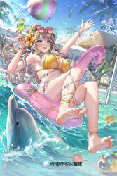 1girl absurdres ball barefoot beachball bikini blue_eyes blush brown_hair cocktail_glass cup dolphin drinking_glass feet highres innertube long_hair nail_polish open_mouth pool rubber_duck sannio soles sunglasses_on_head swim_ring swimsuit toes