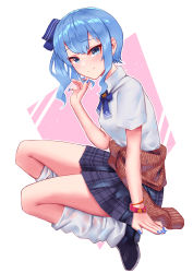 Rule 34 | 1girl, absurdres, black footwear, blue bow, blue bowtie, blue eyes, blue hair, blue nails, blue skirt, blush, bow, bowtie, brown sweater, closed mouth, clothes around waist, collared shirt, full body, hair ribbon, highres, holding, holding own hair, hololive, hoshimachi suisei, kneehighs, looking at viewer, loose socks, medium hair, miniskirt, nail polish, plaid, plaid skirt, ribbon, school uniform, shirt, shoes, short sleeves, side ponytail, sidelocks, skirt, smile, socks, solo, star (symbol), star in eye, sweater, sweater around waist, symbol in eye, virtual youtuber, white shirt, white socks, wristband, yumesphere