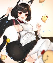 Rule 34 | 1girl, :d, animal, animal ear fluff, animal ears, apron, arm up, azur lane, bell, bird, black hair, black kimono, blurry, blurry background, blurry foreground, blush, breasts, brown eyes, cat ears, cat girl, cat tail, chick, commentary request, depth of field, fang, feet out of frame, highres, japanese clothes, jingle bell, katsushika pachi, kimono, large breasts, long sleeves, maid headdress, manjuu (azur lane), multicolored hair, open mouth, panties, red hair, short eyebrows, short hair, sideboob, smile, solo, streaked hair, tail, tail bell, tail ornament, thick eyebrows, thighhighs, underwear, white apron, white panties, white thighhighs, wide sleeves, yamashiro (azur lane), yamashiro (sales clerk offensive?!) (azur lane)
