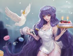 Rule 34 | 1girl, apron, bird, blush, breasts, cake, candle, cleavage, copyright name, double bun, fang, food, hair bun, highres, long hair, macaron, mousse (duck) (ranma 1/2), mousse (ranma 1/2), naked apron, open mouth, pastry bag, pink thighhighs, purple hair, ranma 1/2, shampoo (ranma 1/2), smile, solo, thighhighs, very long hair, wonst92