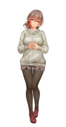 Rule 34 | 1girl, absurdres, blush, breasts, brown hair, closed mouth, full body, grey sweater, hair between eyes, hair ribbon, high heels, highres, long hair, long sleeves, medium breasts, nail polish, ono itaru, original, own hands together, pantyhose, pink nails, platform footwear, ponytail, purple shorts, red footwear, red ribbon, ribbed sweater, ribbon, shoes, shorts, simple background, smile, solo, standing, sweater, thigh gap, thighband pantyhose, white background