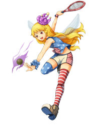 Rule 34 | 1girl, absurdres, action, adapted costume, alternate legwear, american flag legwear, american flag shirt, ball, blonde hair, boots, clownpiece, fairy wings, flat chest, full body, hat, highres, jester cap, long hair, open mouth, playing sports, racket, red eyes, short shorts, shorts, simple background, solo, sportswear, striped clothes, striped thighhighs, suo niao, taut clothes, taut shorts, teeth, tennis, tennis ball, tennis racket, tennis uniform, thighhighs, thighs, touhou, very long hair, white background, wings