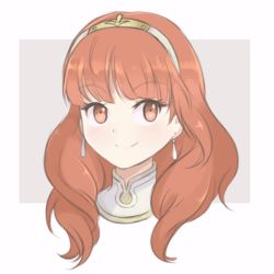 Rule 34 | 1girl, bare shoulders, blush, celica (fire emblem), chocomiru, choker, closed mouth, detached collar, earrings, fire emblem, fire emblem echoes: shadows of valentia, fire emblem heroes, gold trim, jewelry, looking at viewer, lowres, medium hair, nintendo, portrait, princess, red eyes, red hair, sketch, smile, solo, tiara, upper body