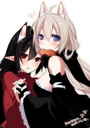 Rule 34 | 2girls, ahoge, animal ear fluff, animal ears, black hair, blush, breasts, cat ears, commentary request, dated, detached sleeves, eating, extra ears, food, food on face, grey hair, hair between eyes, holding hands, interlocked fingers, konshin, large breasts, long hair, long sleeves, looking at viewer, looking back, mouth hold, multiple girls, notice lines, original, pointy ears, ponytail, purple eyes, red eyes, red sweater, signature, simple background, slit pupils, sweater, taiyaki, wagashi, white background, wide sleeves, yuri