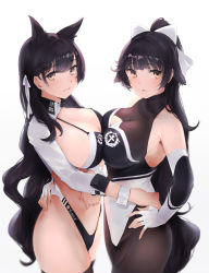 Rule 34 | 2girls, animal ears, asymmetrical docking, atago (azur lane), atago (stunning speedster) (azur lane), azur lane, bikini, black bikini, black hair, black legwear, bow, breast press, breasts, brown eyes, cleavage, cleavage cutout, clothing cutout, cowboy shot, extra ears, hair bow, hair flaps, highres, large breasts, long hair, looking at viewer, marble (marblesized), mole, mole under eye, multicolored leotard, multiple girls, ponytail, race queen, ribbon, shrug (clothing), simple background, swept bangs, swimsuit, takao (azur lane), takao (full throttle charmer) (azur lane), thighhighs, two-tone bikini, two-tone leotard, white background, white bow, white ribbon, wolf ears, wrist cuffs