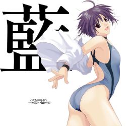Rule 34 | 1girl, :d, backless swimsuit, better girls, blue one-piece swimsuit, breasts, brown eyes, character name, competition swimsuit, cowboy shot, dated, from side, grey one-piece swimsuit, hair between eyes, kusaka ai, looking at viewer, one-piece swimsuit, open mouth, purple hair, ryouzou, short hair, signature, small breasts, smile, solo, standing, swimsuit, white background
