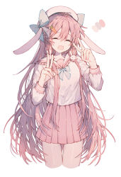 Rule 34 | 1girl, ^ ^, absurdres, animal ears, blue bow, blue bowtie, bow, bowtie, closed eyes, commentary, cowboy shot, deep (deep4946), double v, english commentary, hair bow, hair ornament, highres, long hair, long sleeves, open mouth, original, pink hair, pink headwear, pink sailor collar, pink skirt, pink theme, pleated skirt, rabbit ears, rabbit hair ornament, sailor collar, school uniform, serafuku, shirt, simple background, skirt, smile, solo, v, very long hair, white background, white shirt