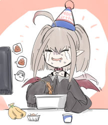 Rule 34 | 1girl, afterimage, ahoge, banana, black shirt, brown hair, chopsticks, closed eyes, commentary request, crying, cup ramen, demon wings, drooling, fangs, flapping, flat screen tv, food, fruit, happy birthday, hat, highres, holding, holding chopsticks, long sleeves, makaino ririmu, makaino ririmu (2nd costume), nijisanji, noodles, open mouth, party hat, pointy ears, red wings, saliva, shirt, sidelocks, sleeves past fingers, sleeves past wrists, solo, streaming tears, sweat, tears, television, tilted headwear, two side up, uno ryoku, upper body, virtual youtuber, wings