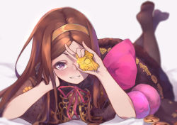 Rule 34 | 1girl, :d, arm support, arm up, asa no ha (pattern), bed sheet, blurry, blurry background, blush, brown capelet, brown dress, brown hair, brown pantyhose, capelet, chacha (fate), commentary request, depth of field, dress, fate/grand order, fate (series), fingernails, grin, hairband, legs up, long hair, looking at viewer, lying, no shoes, oda nobunaga (fate), oda nobunaga (koha-ace), on stomach, one eye covered, open mouth, pantie painting, pantyhose, parted bangs, puffy short sleeves, puffy sleeves, purple eyes, short sleeves, smile, soles, solo, v-shaped eyebrows, very long hair