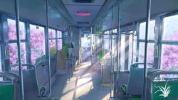 Rule 34 | bus, bus interior, cherry blossoms, chinese commentary, chinese text, commentary request, motor vehicle, no humans, original, scenery, seat, shadow, sign, watermark, xingzhi lv