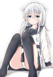 Rule 34 | 10s, 1girl, absurdres, aqua eyes, aqua hair, arm support, black skirt, black thighhighs, hibiki (kancolle), highres, kantai collection, knees up, light smile, long hair, long sleeves, looking at viewer, moyoron, no headwear, no headwear, no shoes, panties, pantyshot, pleated skirt, sailor collar, simple background, sitting, skirt, smile, solo, thighhighs, underwear, verniy (kancolle), white background, white panties