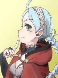 Rule 34 | 1girl, ahoge, black bridal gauntlets, blue eyes, blue hair, braid, breasts, bridal gauntlets, capelet, fire emblem, fire emblem fates, hairband, honoh hazakura, hood, hood down, hooded capelet, lone nape hair, looking at viewer, low twin braids, low twintails, medium breasts, nina (fire emblem), nintendo, parted bangs, red hood, twin braids, twintails, white hairband, yellow background