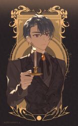 Rule 34 | 1boy, artist name, black bow, black bowtie, black shirt, black vest, bow, bowtie, candle, candlelight, candlestand, closed mouth, collared shirt, earrings, highres, holding, jewelry, koeda (k83 4), long sleeves, male focus, marius von hagen (tears of themis), purple eyes, purple hair, shirt, short hair, solo, tears of themis, upper body, vest