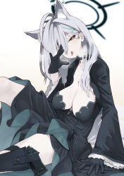 Rule 34 | 1girl, animal ear fluff, animal ears, black dress, black jacket, blue archive, blue eyes, blush, breasts, choker, cleavage, collarbone, cropped jacket, cross hair ornament, dress, extra ears, grey hair, gun, hair ornament, halo, highres, iwasaki takashi, jacket, large breasts, long hair, long sleeves, looking at viewer, open clothes, open jacket, open mouth, shiroko (blue archive), shiroko terror (blue archive), sidelocks, simple background, sitting, solo, thighs, tongue, tongue out, variant set, weapon, white background, wolf ears