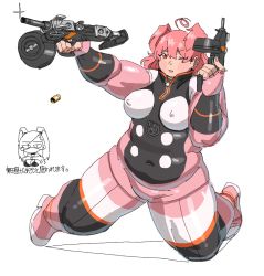 Rule 34 | 2girls, ahoge, blush, boots, breasts, breasts apart, character request, commentary request, copyright request, covered erect nipples, covered navel, drum magazine, dual wielding, full body, gun, hair between eyes, high-capacity magazine, highres, holding, holding gun, holding weapon, ki-da (ipkcte5b0htjned), large breasts, looking away, magazine (weapon), multiple girls, nail polish, one eye closed, outstretched arm, parted lips, pink footwear, pink hair, pink nails, red eyes, shell casing, simple background, solo focus, thick arms, thick thighs, thighs, translation request, weapon, white background, zipper, zipper pull tab