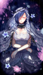 Rule 34 | 1girl, alternate costume, bare arms, bare shoulders, black neckwear, blue hair, blurry, breasts, collarbone, commentary, commentary request, detached collar, dress, english commentary, closed eyes, flower, flower on water, g4265059, hair ornament, hair over one eye, headdress, highres, kirishima touka, large breasts, long dress, one eye covered, rain, short hair, solo, tokyo ghoul, water, water drop, white dress, white headdress, white neckwear