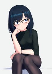 Rule 34 | 1girl, a-chan (hololive), bad id, bad nicoseiga id, black pantyhose, blue bow, blue eyes, blue hair, blue nails, blush, bow, breasts, closed mouth, expressionless, glasses, hair bow, hand on own chin, highres, hololive, iwahana, long sleeves, looking away, medium breasts, nail polish, pantyhose, short hair, sitting, solo, sweater, virtual youtuber