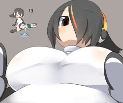 Rule 34 | 2girls, black hair, black jacket, blush, breasts, brown eyes, captain (kemono friends), chibi, chibi inset, closed mouth, commentary request, emperor penguin (kemono friends), female pov, from below, green shorts, grey background, hair between eyes, hair over one eye, headphones, jacket, kemono friends, kemono friends 3, lap pillow, lap pov, large breasts, lets0020, long bangs, looking at viewer, multicolored hair, multiple girls, numbered, one-piece swimsuit, orange hair, pov, short hair, shorts, smile, solo focus, streaked hair, swimsuit, upper body, white one-piece swimsuit