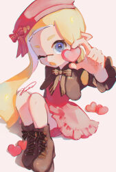 Rule 34 | 1girl, :o, black footwear, blonde hair, blue eyes, blue hair, boots, commentary, cross-laced footwear, english commentary, full body, hat, heart, highres, holding, holding heart, inkling, inkling girl, inkling player character, kana tsu07, long hair, nintendo, one eye closed, pointy ears, red hat, red skirt, signature, simple background, sitting, skirt, solo, splatoon (series), tentacle hair, white background