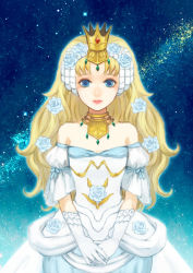 Rule 34 | 1girl, bad id, bad pixiv id, bare shoulders, blonde hair, blue eyes, crown, dress, flower, gloves, gown, gruier serenity, kisaco a, lips, long hair, milky way, miniskirt pirates, princess, rose, sky, solo, star (sky), starry sky, white dress, white gloves