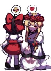 Rule 34 | 2girls, aged down, black hair, blurry, bow, breasts, child, closed eyes, crying, depth of field, detached sleeves, facing another, facing away, flower, frilled shirt collar, frills, full body, hair bow, hair flower, hair ornament, hakurei reimu, heart, highres, large breasts, long sleeves, multiple girls, open mouth, purple tabard, red bow, red flower, red rose, red skirt, red vest, rose, seiza, short hair, sitting, skirt, spoken emoji, spoken heart, standing, tabard, tohou89, touhou, vest, wide sleeves, yakumo yukari