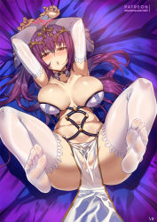 Rule 34 | 1girl, :o, adapted costume, arms up, bed, blush, bound, bound wrists, breasts, bursting breasts, club3, collar, detached sleeves, fate/grand order, fate (series), hair between eyes, headpiece, indoors, looking at viewer, nail polish, navel, pelvic curtain, purple hair, red eyes, scathach (fate), scathach skadi (fate), see-through, solo, spread legs, thighhighs, tiara, toes