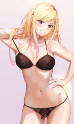 Rule 34 | 1girl, arm behind head, black bra, black panties, blonde hair, blush, body writing, bra, breasts, chromatic aberration, clisapex, collarbone, colored tips, cowboy shot, ear piercing, earrings, female focus, gradient hair, grin, gyaru, hand on own hip, highres, jewelry, kitagawa marin, lace, lace bra, lace panties, lace trim, lingerie, long hair, looking at viewer, medium breasts, multicolored hair, nail polish, navel, panties, piercing, pink nails, red eyes, simple background, smile, solo, sono bisque doll wa koi wo suru, swept bangs, tally, teeth, underwear