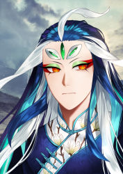 Rule 34 | 1boy, alternate costume, androgynous, aqua hair, blue hair, casual, chinese clothes, eyeshadow, fate/grand order, fate (series), forehead jewel, hat, long hair, looking to the side, makeup, male focus, multicolored hair, orange eyes, portrait, red eyeshadow, shi huang di (fate), sindri, sky, solo, streaked hair, upper body, very long hair, white hair