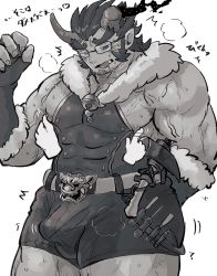 Rule 34 | 1boy, abs, absurdres, bara, belt, blush, breath, broken horn, bulge, covered abs, cowboy shot, demon boy, demon horns, erection, erection under clothes, facial hair, fang, fiery horns, glasses, greyscale, hamunosuke (buta5kawa), highres, horns, large pectorals, long sideburns, male focus, mature male, monochrome, motion lines, muscular, muscular male, nipple slip, nipple stimulation, nipple tweak, nipples, official alternate costume, pectorals, short hair, sideburns, sidepec, solo, stubble, sweat, takemaru (housamo), thick eyebrows, thick thighs, thighs, tokyo houkago summoners, tongue, tongue out, translation request, tusks