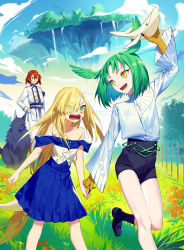 Rule 34 | 1boy, 2girls, bare shoulders, blonde hair, blue sky, commentary request, eyes visible through hair, floating island, green eyes, green hair, hand on own hip, head wings, long hair, looking at another, meadow, monster girl, multiple girls, official art, original, red hair, scales, sharp teeth, short hair, sky, slit pupils, soratobu kujira no shiawase seikatsu, stuffed animal, stuffed toy, tail, teeth, very long hair, wide sleeves, wings, wolf, yamakawa, yellow eyes